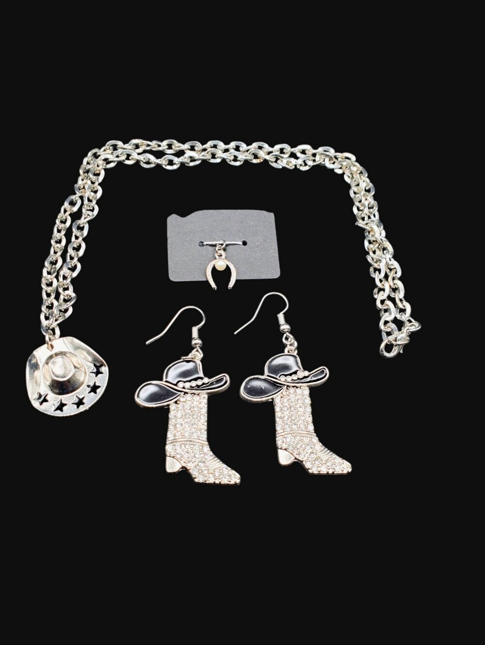 Rodeo Lot. Rhinestone Boot Earrings, Horseshoe Charm And Cowgirl Hat Necklace